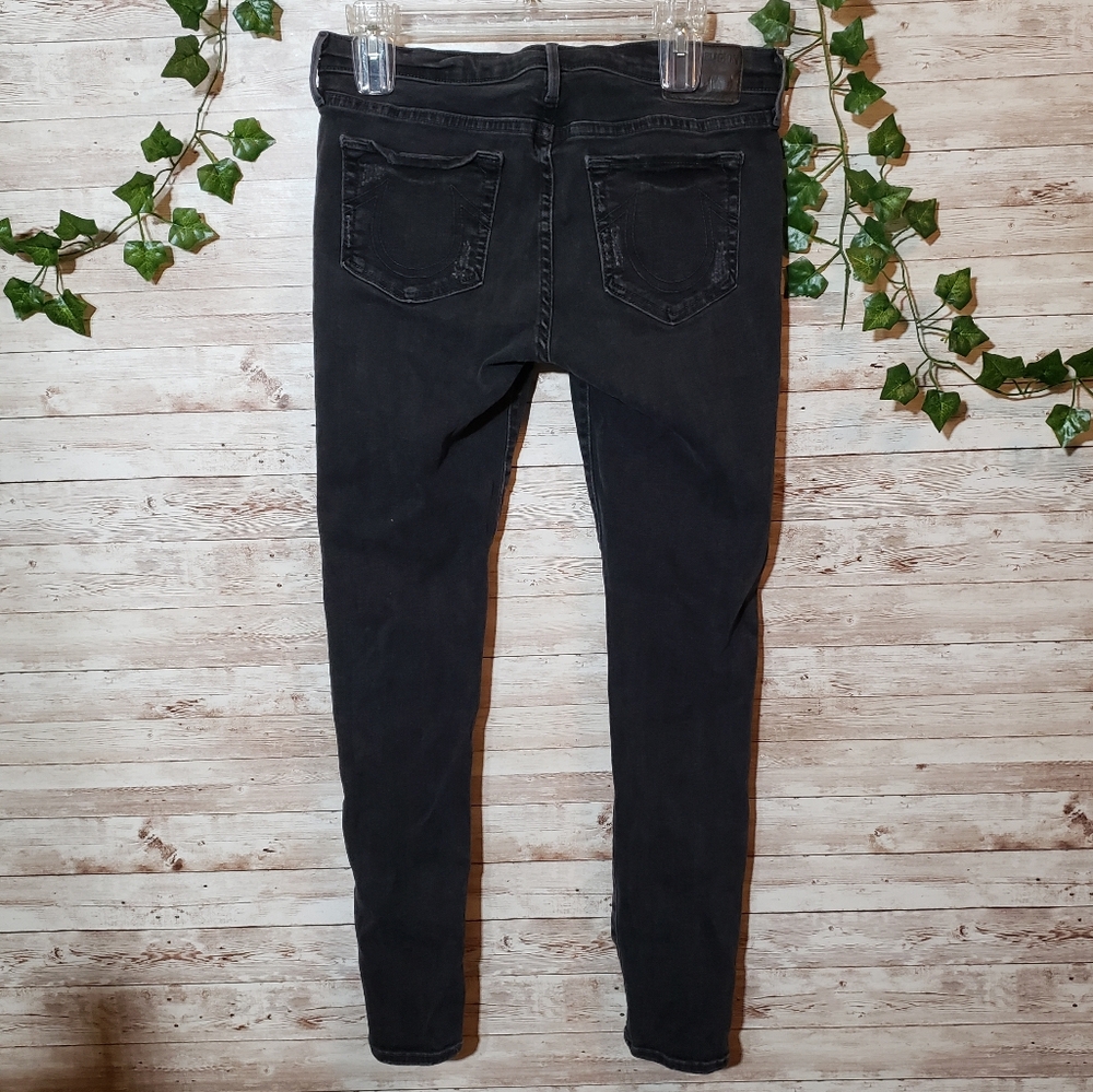 True Religion Casey Low Rise Super Skinny Dark Grey Wash Denim Distressed Jeans